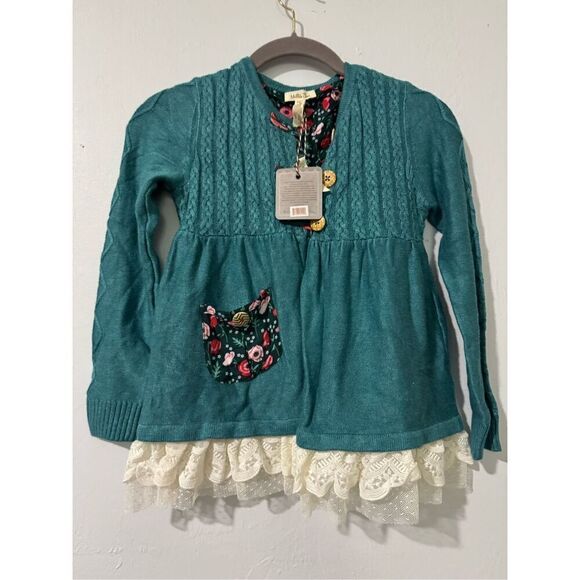 Matilda Jane NWT teal knit lace trim sweater floral patch pocket cute button fro